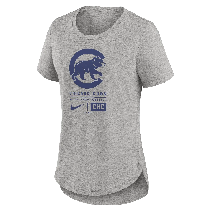Chicago Cubs Grey Heather/Royal Crawl Bear Nike Women's TriBlend T-Shirt Cotton Fabric Linen Fabric Terry Fabric