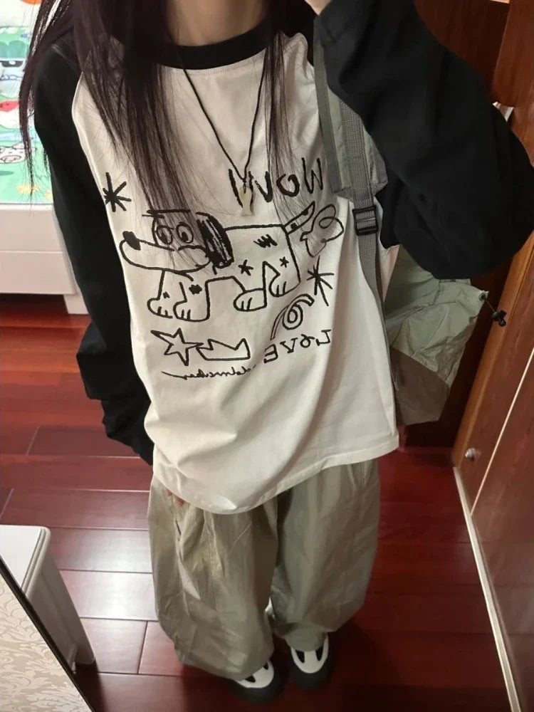 Wjczt Kawaii Graphic T-shirts Women Cute Anime Long Sleeve Tops Japanese Vintage Y2k Preppy Style Casual Sweet Tees Oversized Fitted T-Shirt Seamless Stretchy