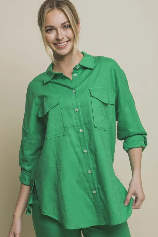 Linen Oversized Double Pocket Button Down Shirt Jersey Fabric Tulle Fabric Batik Fabric