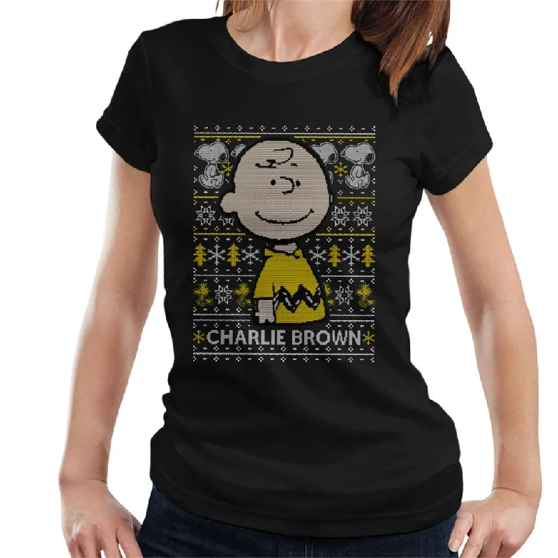 Peanuts Christmas Charlie Brown Knitted Pattern Women's T-Shirt Cashmere Blend Cotton Blend Poly Blend