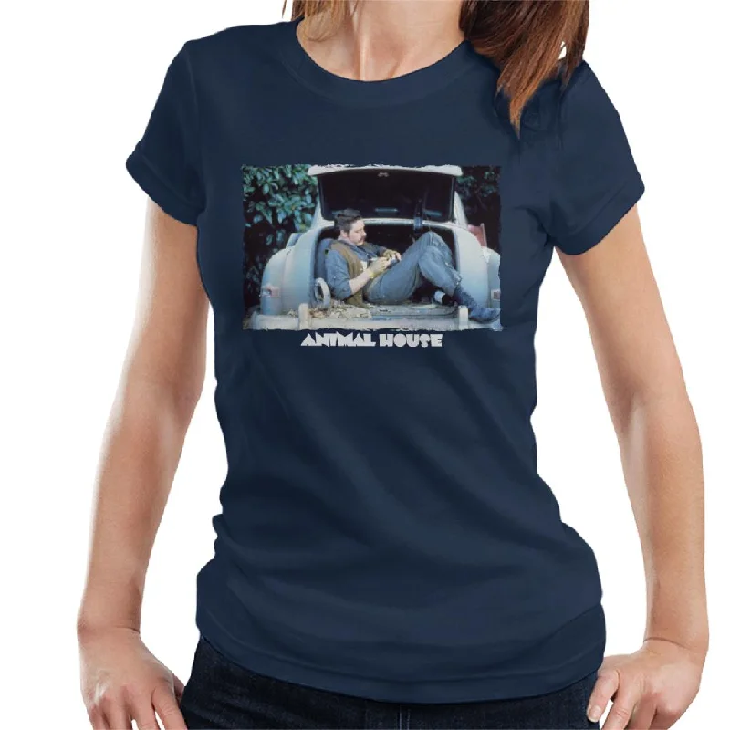 Animal House Daniel Simpson Sitting In Car Boot Women's T-Shirt Zippered Front Buttoned Front Snap Front