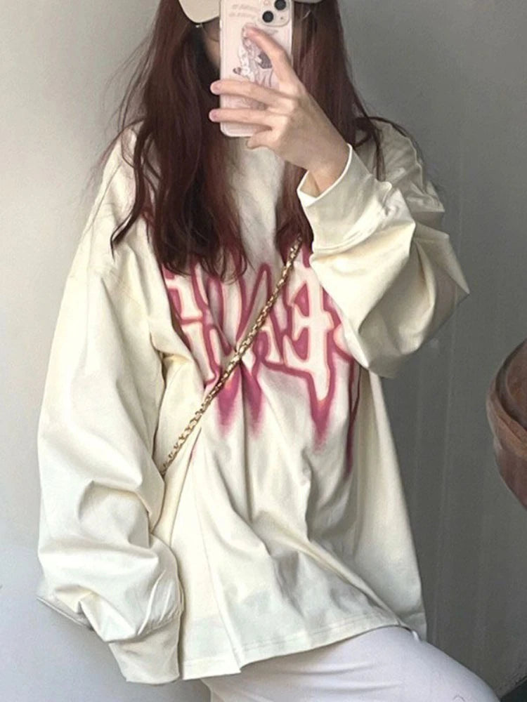 Wjczt  Harajuku Y2k Women T-shirts Letter Graphic Sweet Oversized Casual Long Sleeve Tee Korean Fashion Streetwear Female Tops Asymmetrical Pockets Print