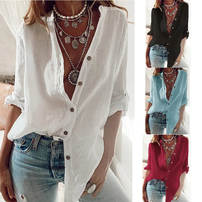Wjczt S-5XL Oversized Autumn Cotton Linen Shirt Fashion Button Up Women Shirts White Casual Loose Tops Solid Rollable Sleeve Top Blusa Cozy Warm Stylish Wjczt S-5XL Oversized Autumn Cotton Linen Shirt Fashion Button Up Women Shirts White Casual Loose Tops Solid Rollable Sleeve Top Blusa Cozy Warm Stylish