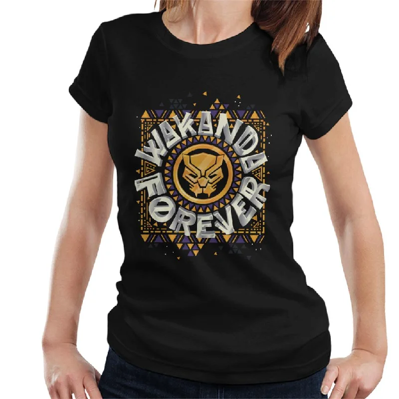 Marvel Black Panther Circle Logo Wakanda Forever Women's T-Shirt Front Pockets Side Pockets Patch Pockets