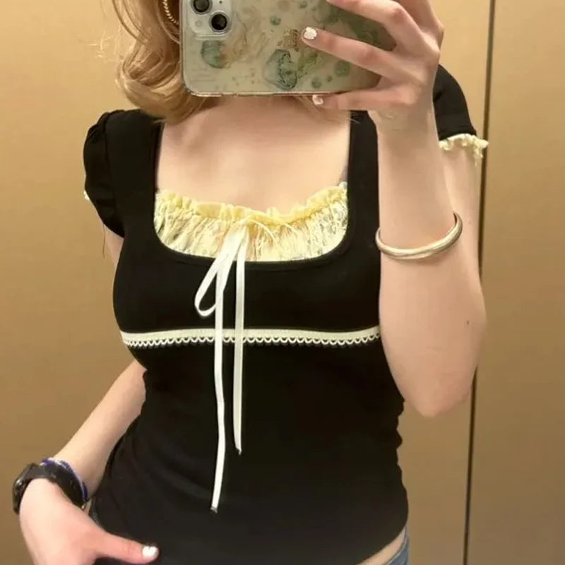 Wjczt Vintage Milkmaid Top Patchwork Lace Pleated Square Collar Short Sleeve T-shirt Women Summer Tees Y2K Aesthetic Coquette Clothes Notch Collar Peter Pan Collar Cowl Neck