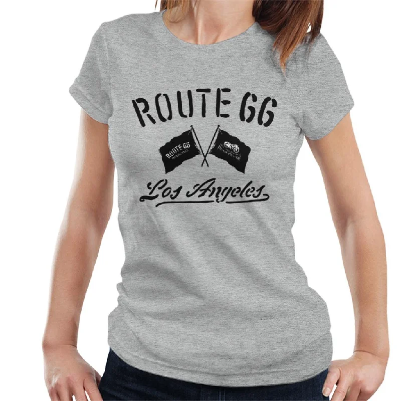 Route 66 Motorcycle Flags Los Angeles Women's T-Shirt Striped Floral Plaid