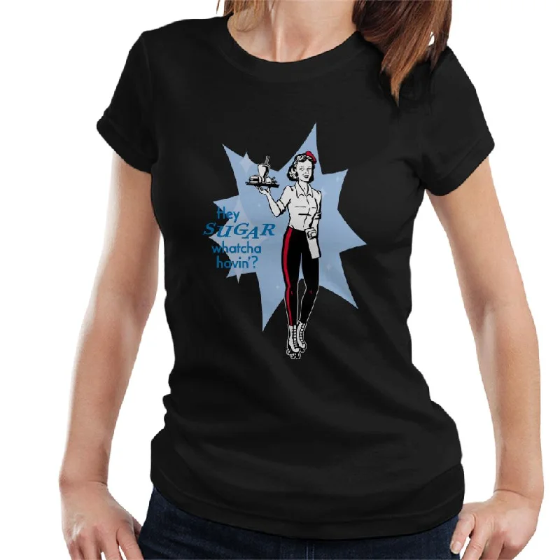 American Graffiti Hey Sugar Whatcha Havin Women's T-Shirt Mesh Blend Leather Blend Suede Blend