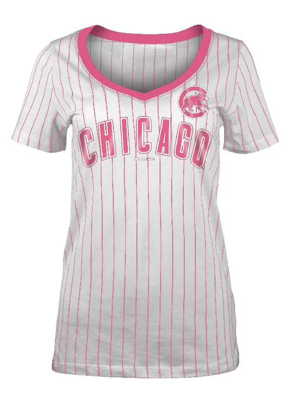 Chicago Cubs Pink Pinstripe V-Neck Women's T-Shirt Front Pockets Side Pockets Patch Pockets