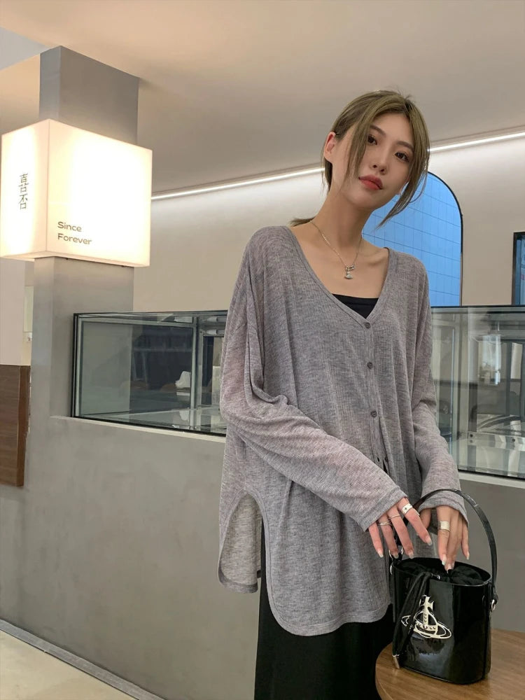 Wjczt Solid V-neck Shirt Women Spring Single Breasted Chiffon Loose Slim All-match Sun Protection Thin Breathable Fashion Slim Cozy Hooded Caped Shawl Collar