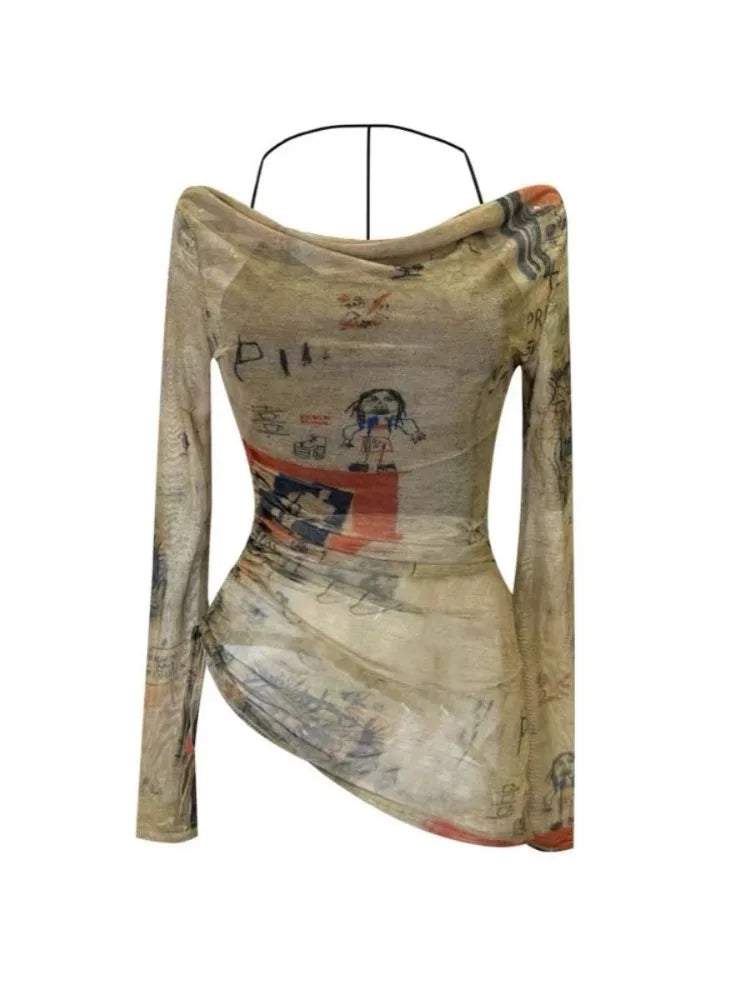 Wjczt Women Graphic Print T-Shirts Vintage 90s Aesthetic Female Grunge Y2k Tops Harajuku Long Sleeve T-Shirt Hippie Streewear Boxy Fit Fitted Loose