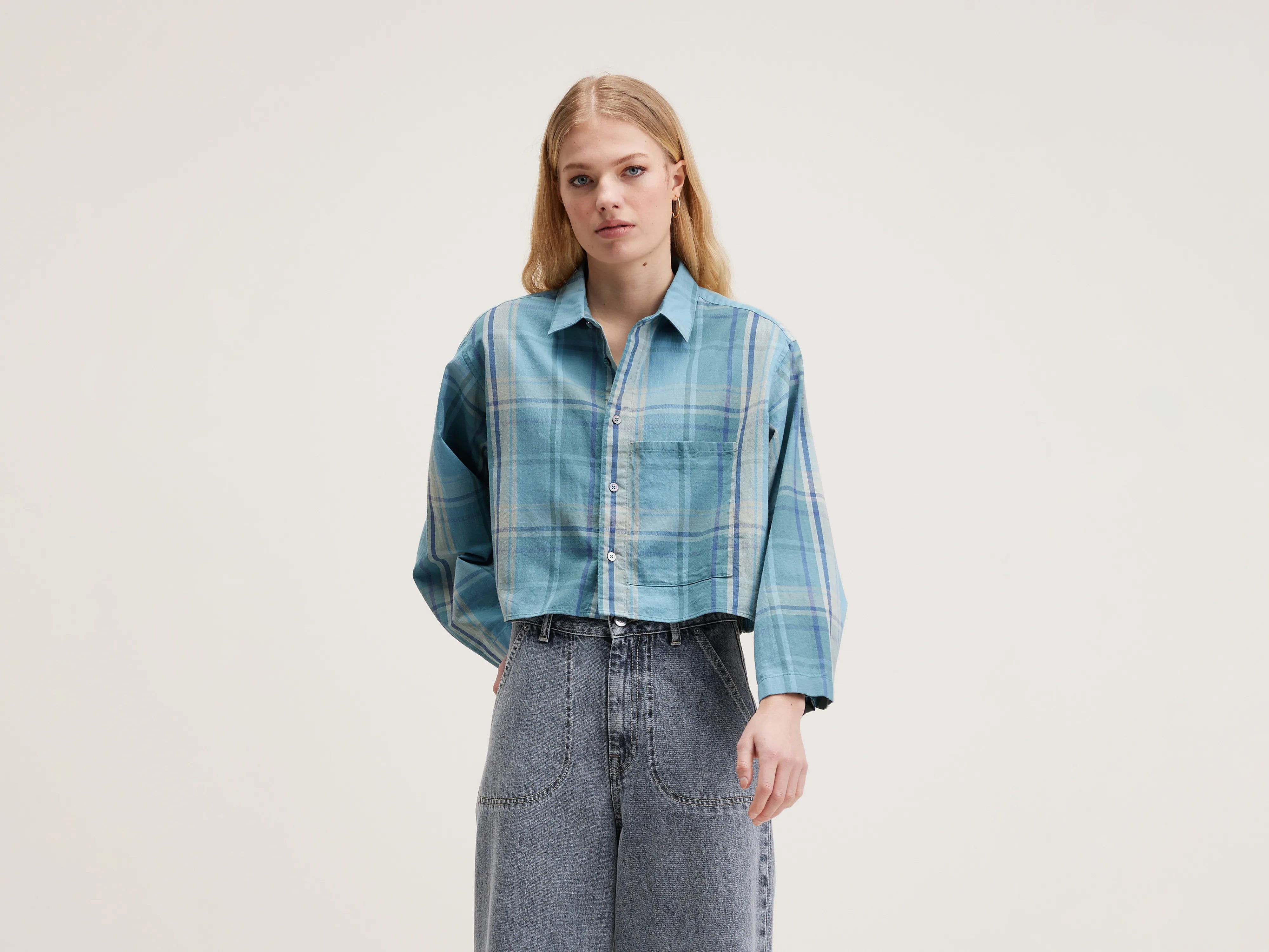 Greene cropped shirt (242 / W / CHECK A) Nylon Fabric Polyester Fabric Spandex Fabric