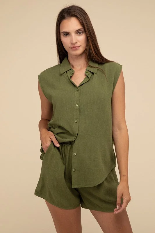 Linen Shirt and Shorts Set Elegant Classic Vintage