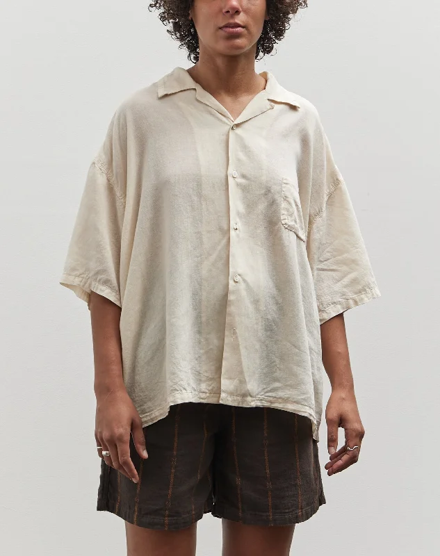 Kapital Soft Linen Open Collar Big Shirt, Ecru Zippered Front Buttoned Front Snap Front