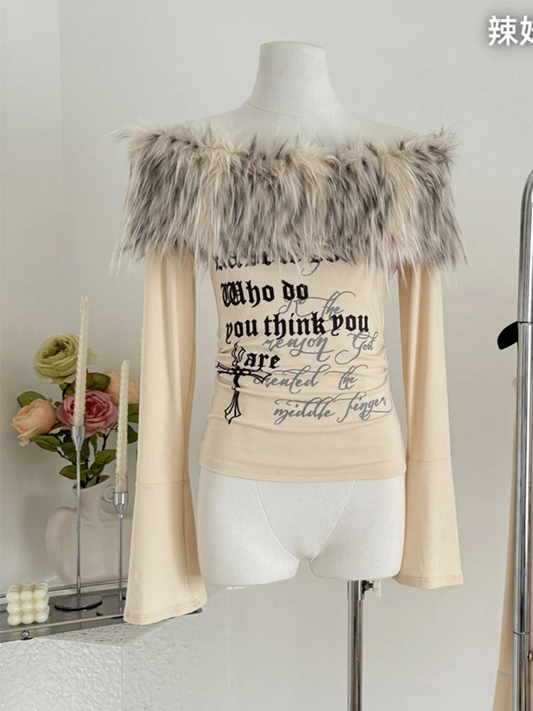 Wjczt Fall Winter Women Korean Fashion Coquette Slash Neck T-Shirts Shoujo Girl Tee Tops Design 2000s Aesthetic Vintage Old Money Y2k Collared Crew Neck Turtle Neck
