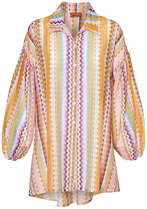 Balloon Sleeve Silk Cotton Shirt Front Pockets Side Pockets Patch Pockets