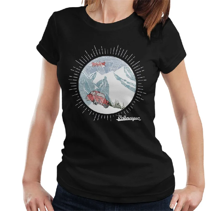 Official Volkswagen Snowflake White Text Women's T-Shirt Front Pockets Side Pockets Patch Pockets