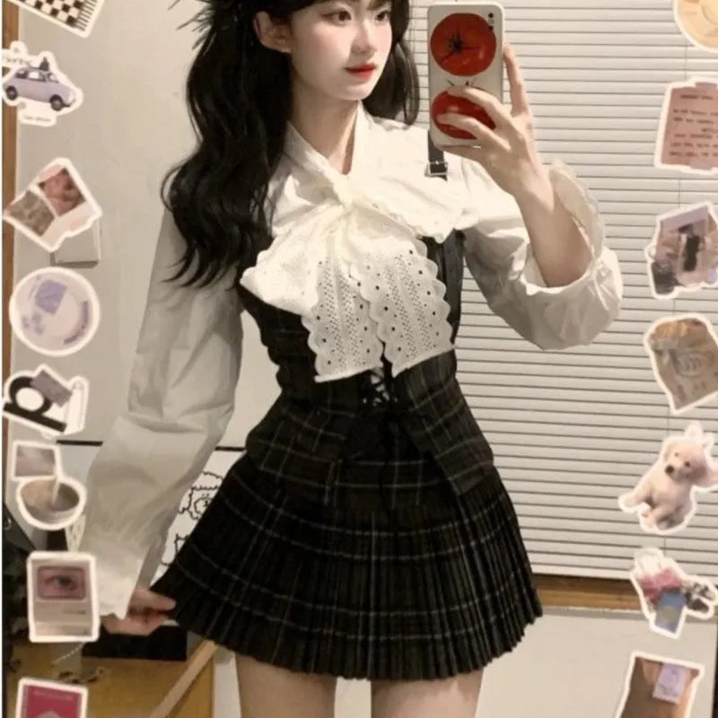 Wjczt Autumn Korean Retro Sweet 3 Piece Set Women White Shirt + Strap Vest + Pleated Skirt Design College Style Fashion Y2k Suit 2024 Satin Blend Silk Blend Wool Blend