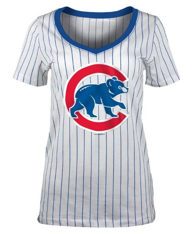 Chicago Cubs Pinstripe Crawl Bear Women's T-Shirt Zippered Front Buttoned Front Snap Front