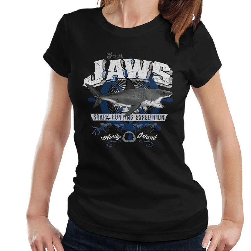 Jaws Shark Hunting Expedition Amity Island Women's T-Shirt Graphic Embroidered Appliqued Jaws Shark Hunting Expedition Amity Island Women's T-Shirt Graphic Embroidered Appliqued
