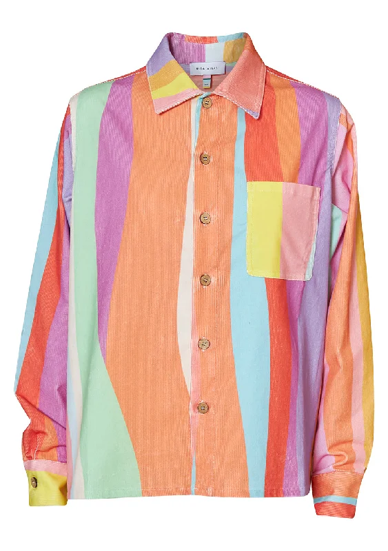 Wavy Stripe Corduroy Shirt Asymmetrical Pockets Print