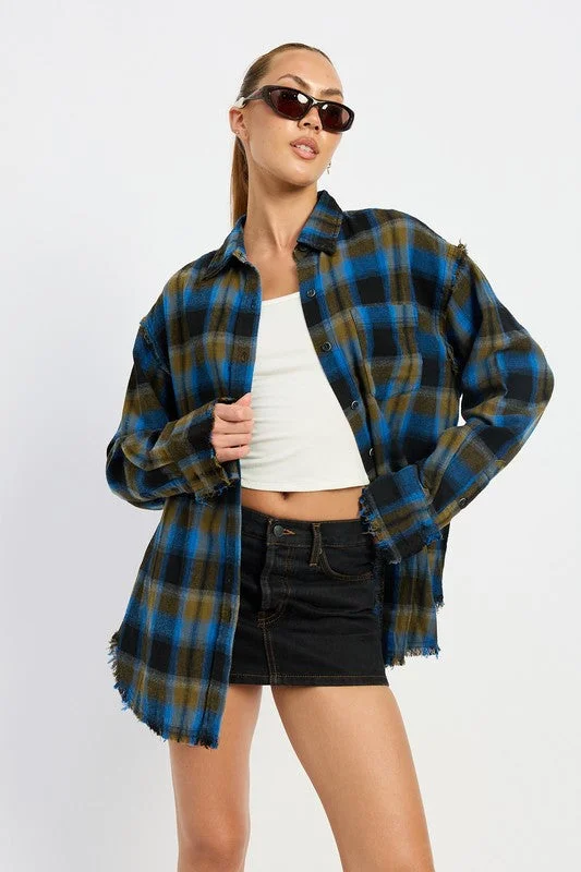 ACID WASH FLANNEL SHIRT Hooded Caped Shawl Collar