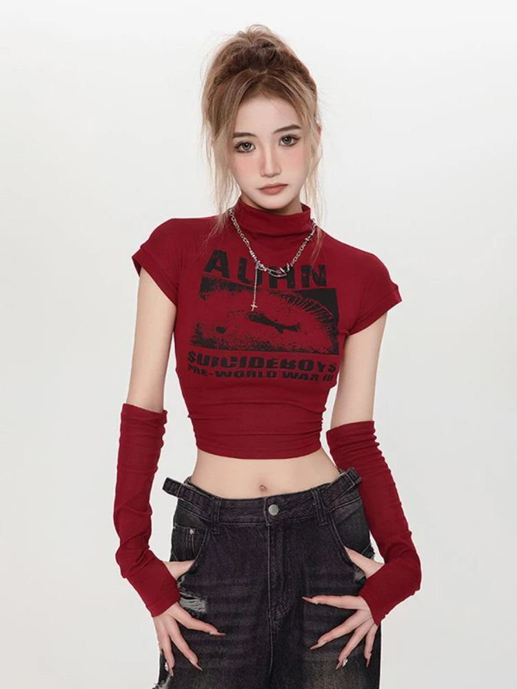 Wjczt Y2k Red Tops for Women Vintage 2000s Aesthetic Kpop T-shirts Grunge Korean Long Sleeve Gyaru Streetwear Harajuku Acubi Solid Color Striped Floral