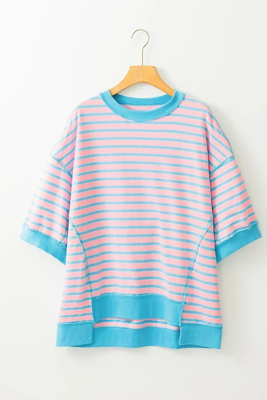 Pink Mint Stripe Color Block Oversized T Shirt Top Chenille Blend Fleece Blend Nylon Blend