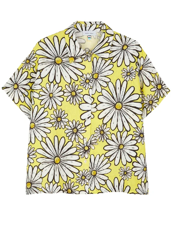 Daisy-Print Linen Shirt Solid Color Striped Floral