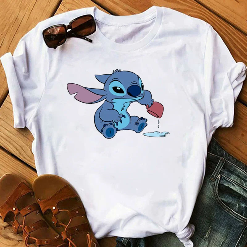 Graphic Women Cartoon Coffee T-Shirt Lilo Stitch Tshirts Female Summer Print  Fashion T Shirt Casual Tops Camisas Mujer T-shirt Machine Wash Dry Clean Hand Wash