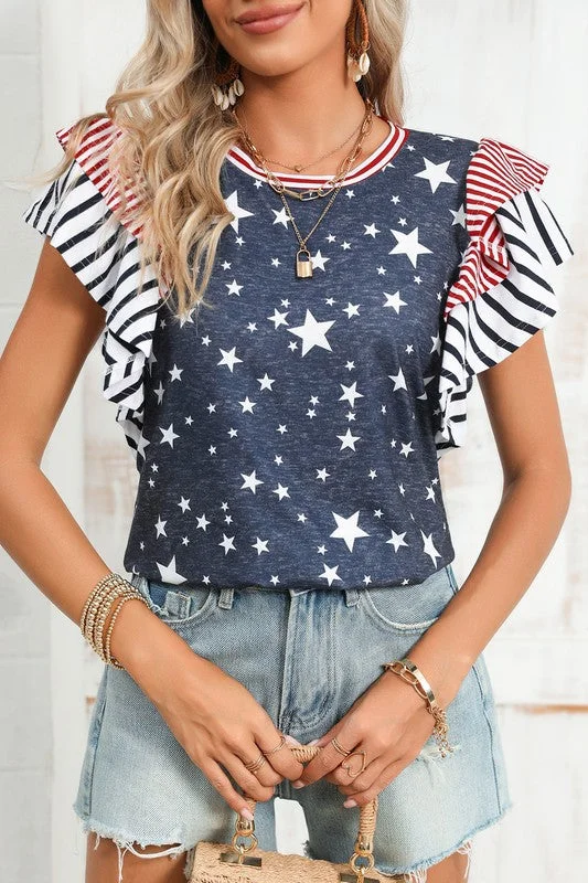 Flag Stripe Ruffle Sleeve Star Shirt USA Silk Blend Satin Velvet