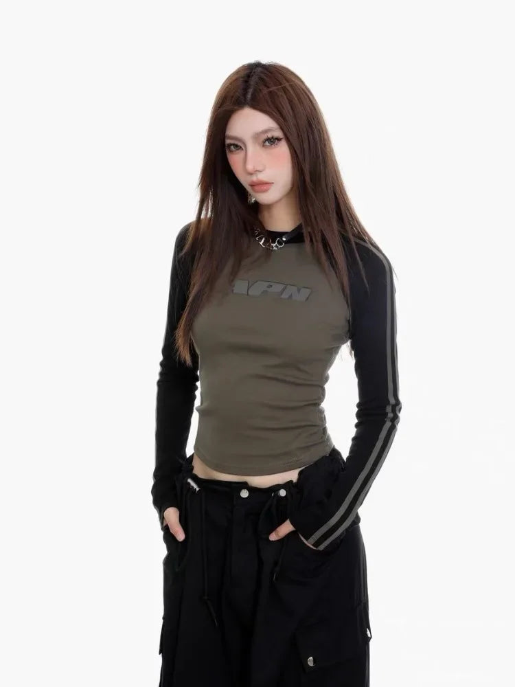 Wjczt Vintage Y2k T-shirts Women Kpop Style Grunge 2000s Long Sleeve Tees Slim Tops Gyaru Harajuku Techwear Korean Streetwear Thin T-Shirt Open Front Quick Dry
