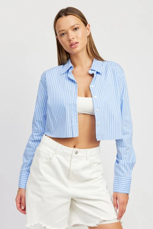 STRIPED CROPPED SHIRT WITH CUT EDGE Chenille Blend Fleece Blend Nylon Blend