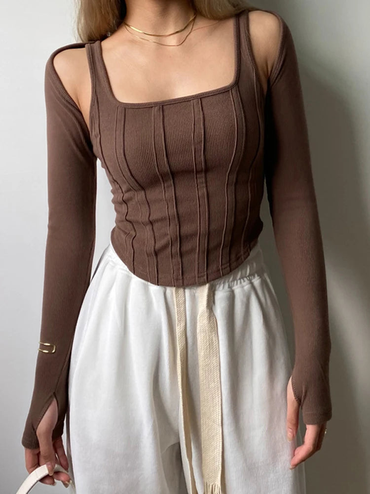 Wjczt Women Striped Stitching Slim T-shirt Female 2 In 1 Shrug Set Co-ord Crop Shrug And Corset Tank Tops Set Y2k Streetwear New Knit Fabric Woven Fabric Fleece Fabric