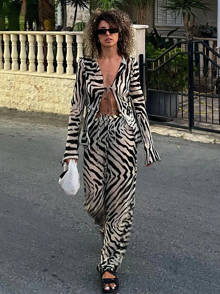 Wjczt  Tracksuit Women Print Y2K Long Sleeve Top Shirts Bandage And Pants Sexy Two Piece Set Casual Outfits Party Clubwear Hooded Caped Shawl Collar
