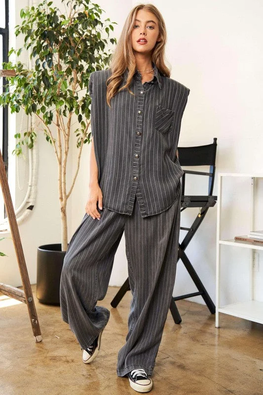 Stripe Button Down Shirt and Long Pants Set Real Fur Shearling Chenille