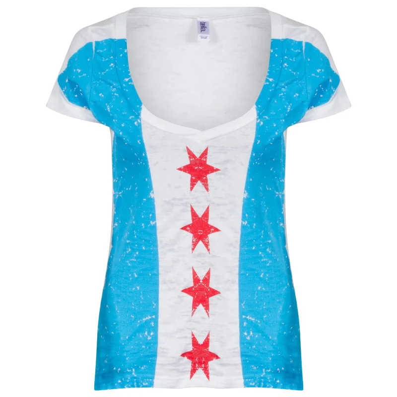 Chicago Women's White Full Body Vertical Chicago Flag V-Neck Tee-Shirt Chenille Fabric Brocade Fabric Lace Fabric