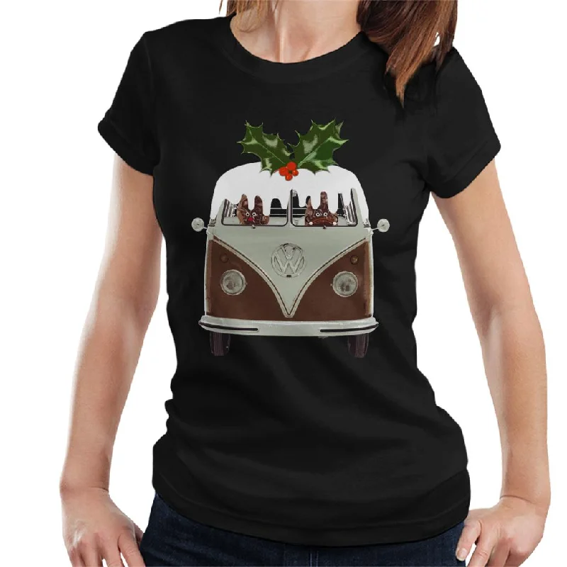 Official Volkswagen Christmas Pudding Camper Women's T-Shirt Zippered Front Buttoned Front Snap Front