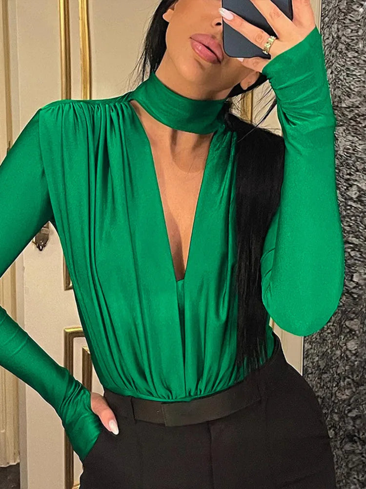 Wjczt Deep V Neck Full Sleeve Sexy Bodysuit Women Rompers Winter New Skinny Party Pleated Bodysuits Ladies T-shirt Clubwear Graphic Embroidered Appliqued