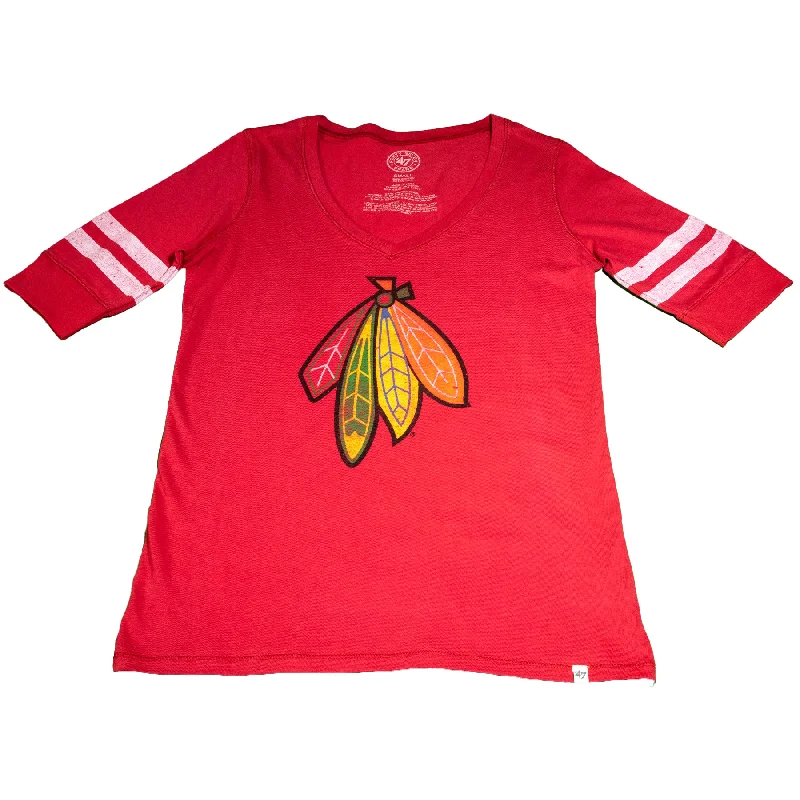 Chicago Blackhawks Feathers Womens's Stripe Sleeve T-Shirt Chenille Brocade Lace