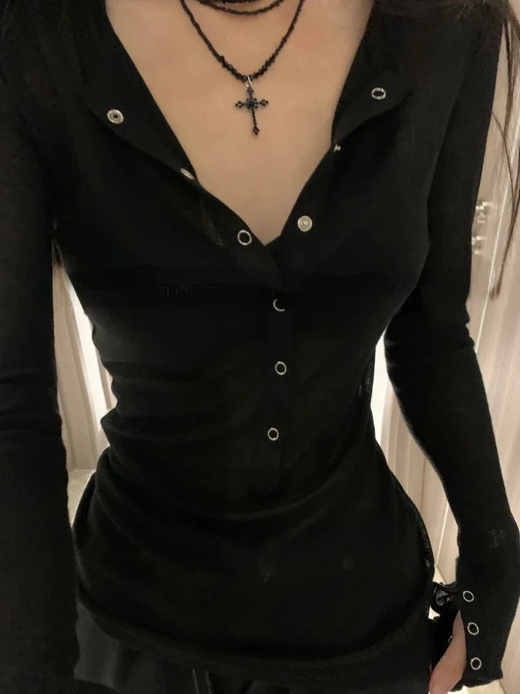 Wjczt Simple V-neck Single Breasted Tops Mujer Y2k Slim Fit Long Sleeve Tee Shirt 2024 Early Autumn New All-match T-shirt for Women Houndstooth Herringbone Solid