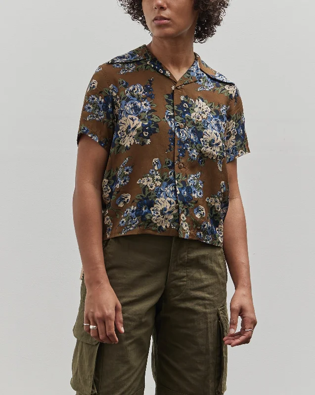 Kapital Silk Rayon Aloha Shirt, Brown/Khaki Maria Wrangle Front Pockets Side Pockets Patch Pockets
