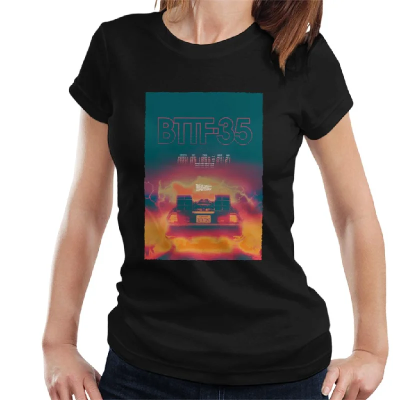 Back to the Future Delorean 35 Electric Flames Women's T-Shirt Asymmetrical Pockets Print Back to the Future Delorean 35 Electric Flames Women's T-Shirt Asymmetrical Pockets Print
