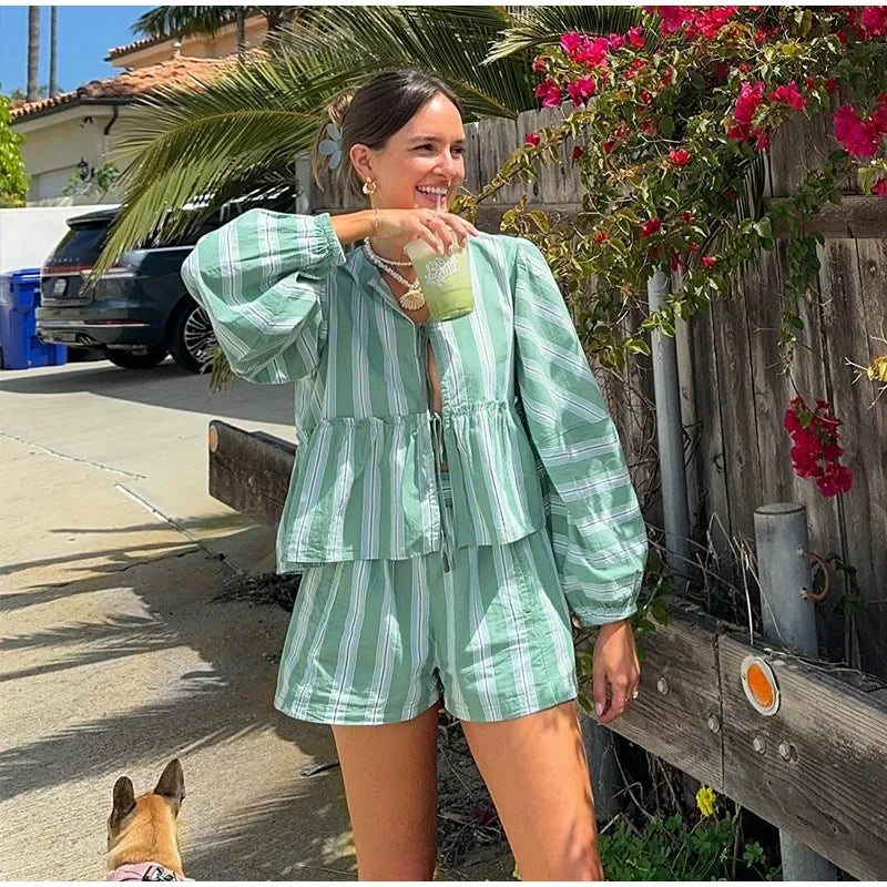 Wjczt Striped Lace Up Shorts Suit Women Ruffles Hollow Out Long Puff Sleeve Shirt Wide Leg Short Pant Sets 2024 Summer Holiday Outfit Sequined Glittery Shiny