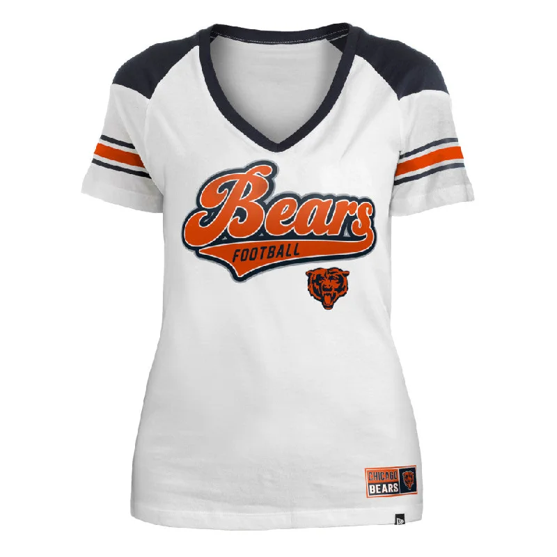 Chicago Bears Woman's White Striped V-Neck T-Shirt Beaded Sequined Faux Fur