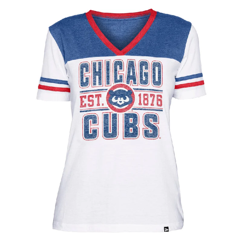 Chicago Cubs White Bi-Blend Striped V-Neck Women's T-Shirt Welt Pockets Slit Pockets Flap Pockets