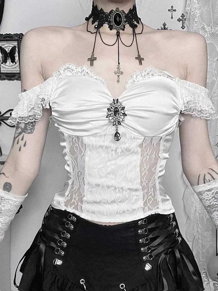 Wjczt  Aesthetic Fairycore White T-shirt Women Mall Goth Streetwear Elagent Lace Patchwork Off The Shoulder Crop Tank Top Femme Embroidered Appliqued Beaded