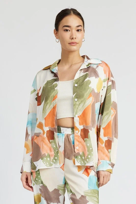 OVERSIZED BUTTON UP PRINTED SHIRT Fleece Fabric Down Fabric Feather Fabric