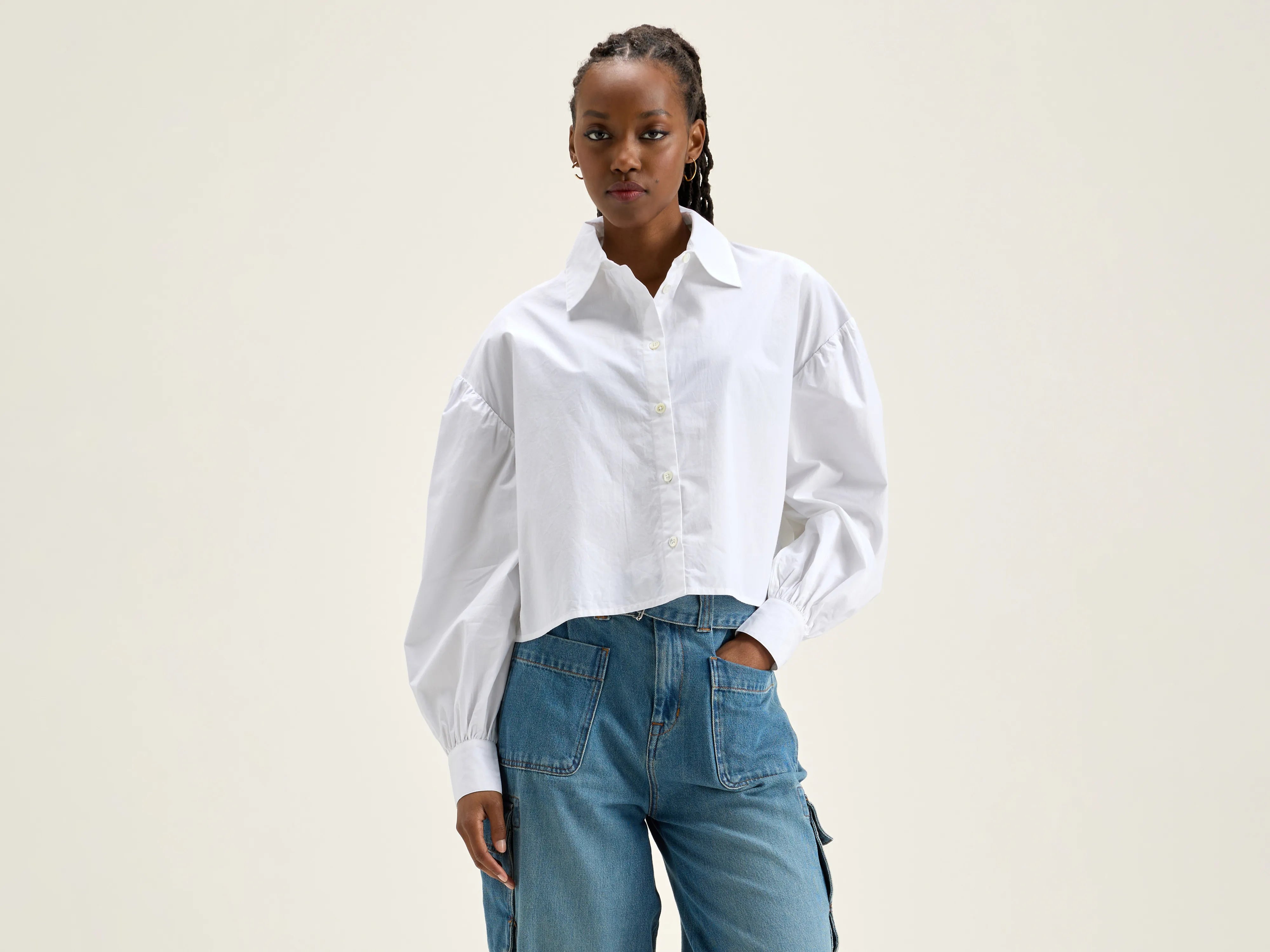 Kinga poplin shirt (242 / W / WHITE) Thin T-Shirt Open Front Quick Dry