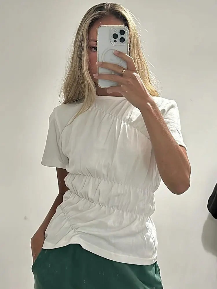 Wjczt Feilandy Summer Unique Women‘s T-shirt Basic Fashion O-neck Elastic Pleated Tops White Lady Short Sleeve Casual Shirts for Women Satin Blend Silk Blend Wool Blend