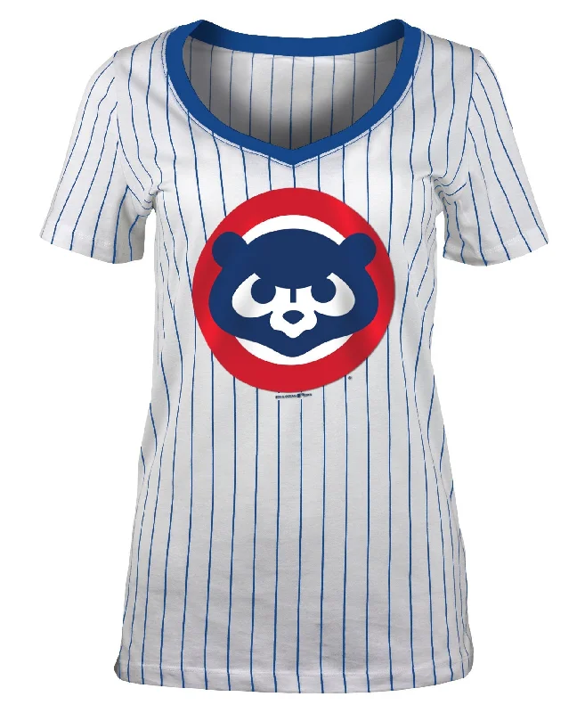 Chicago Cubs V-Neck Pinstripe 1984 Bear Women's T-Shirt Notch Collar Peter Pan Collar Cowl Neck
